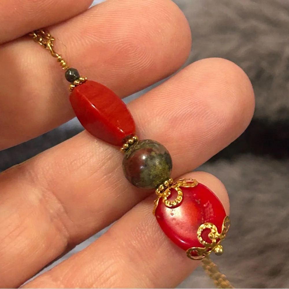 Handcrafted vintage bead red coral dragon blood drop pendant on chain necklace
